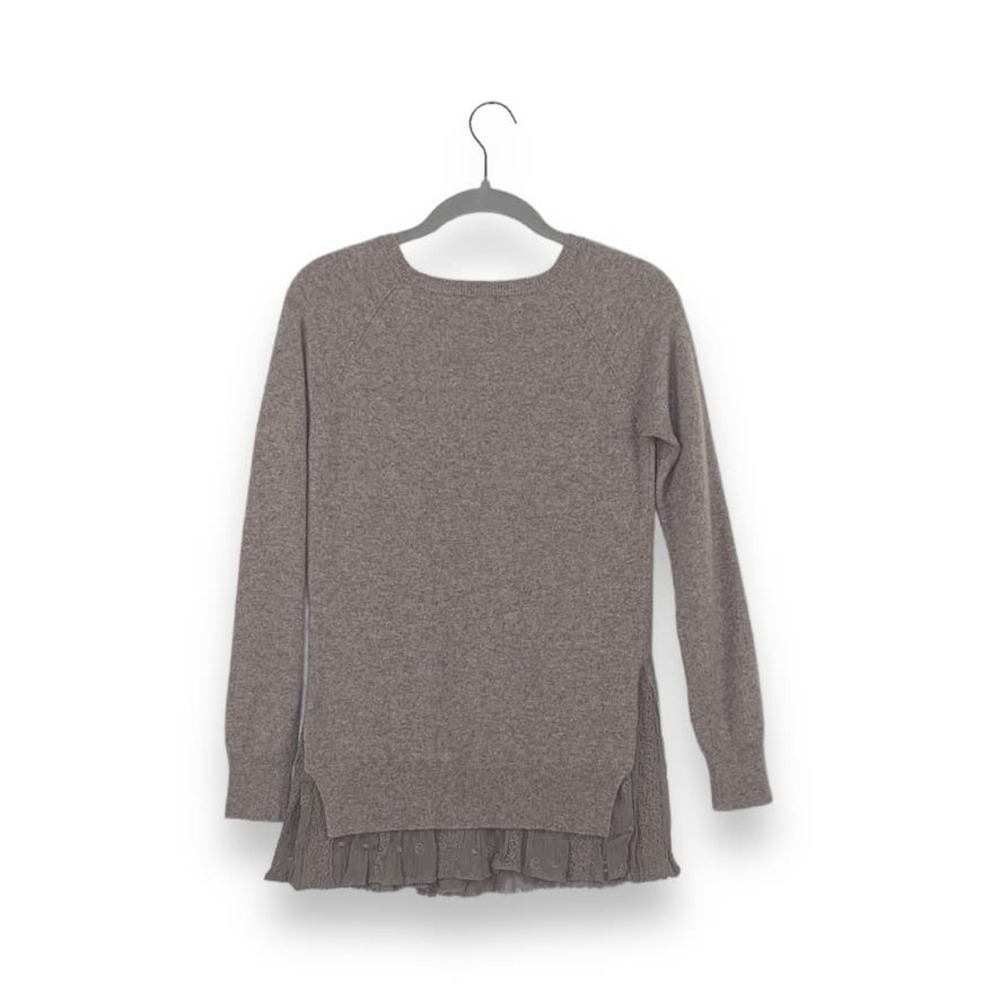 Garnet Hill Gray Beige Greige Cashmere Lace Ruffle Hem Long Sleeve Sweater - Picture 2 of 8